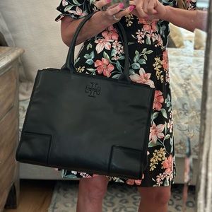 Tory Burch Ella Tote Large Black Leather with Canvas Sides Expandable Bag.